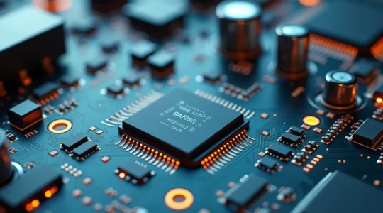 Fotografia realistica di componenti elettronici all'avanguardia su scheda PCB multistrato