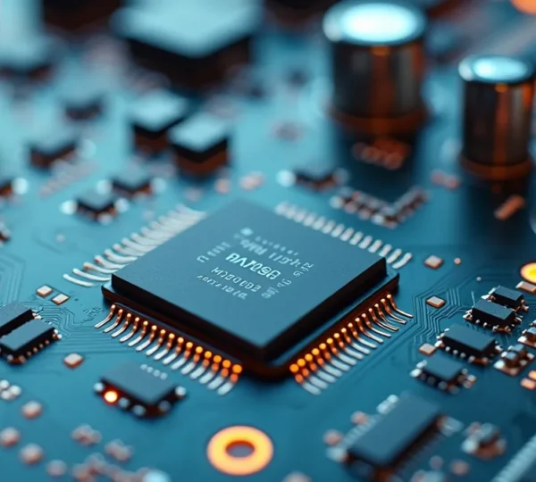 Fotografia realistica di componenti elettronici all'avanguardia su scheda PCB multistrato