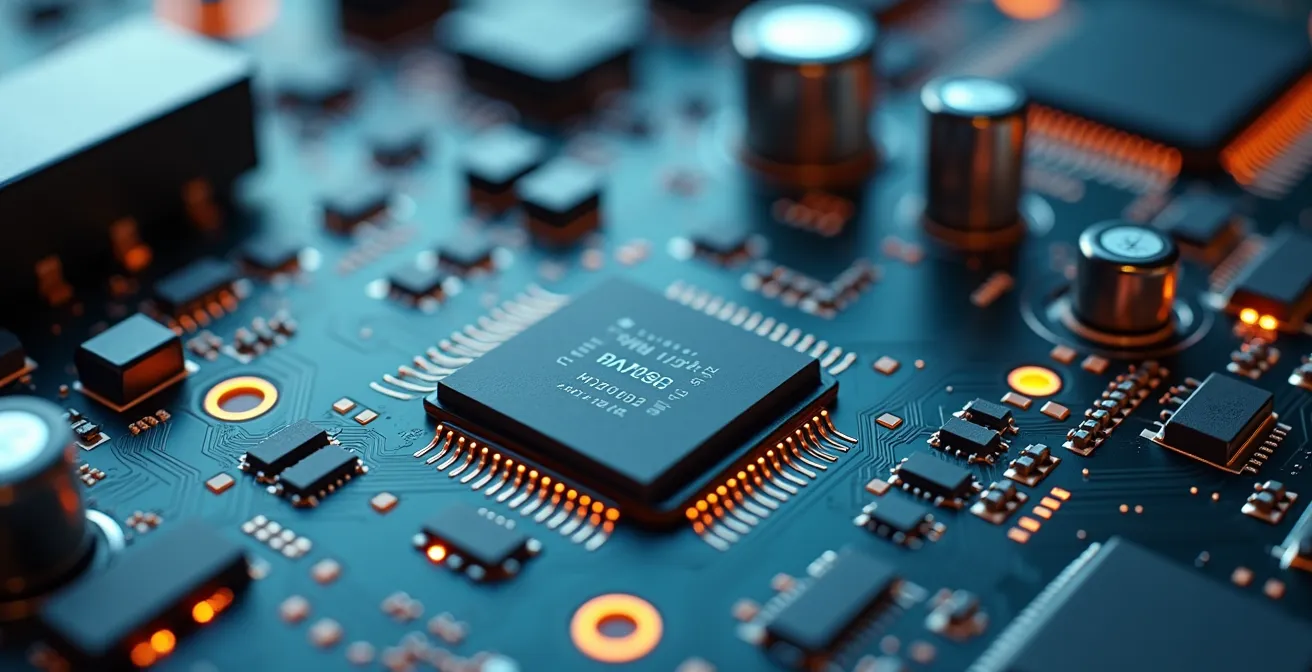 Fotografia realistica di componenti elettronici all'avanguardia su scheda PCB multistrato