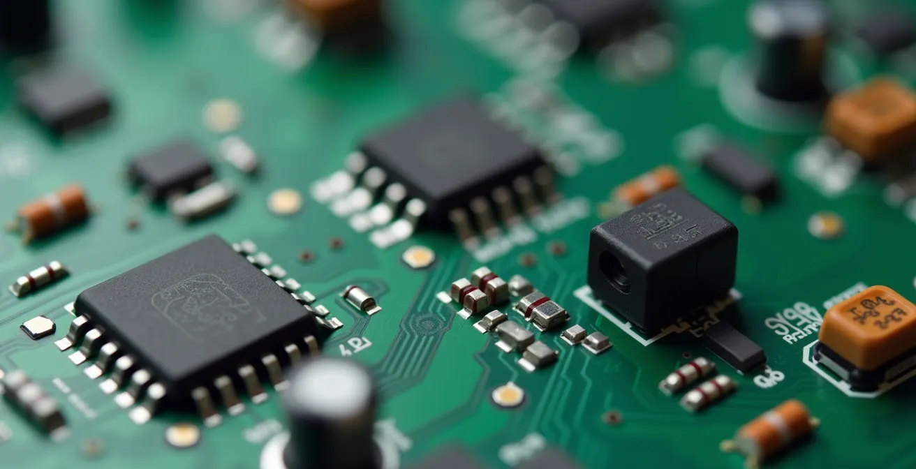 Dettaglio macro di condensatori e microprocessori su scheda PCB