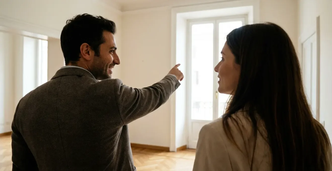 Agente immobiliare romano che mostra un appartamento luminoso a un potenziale acquirente