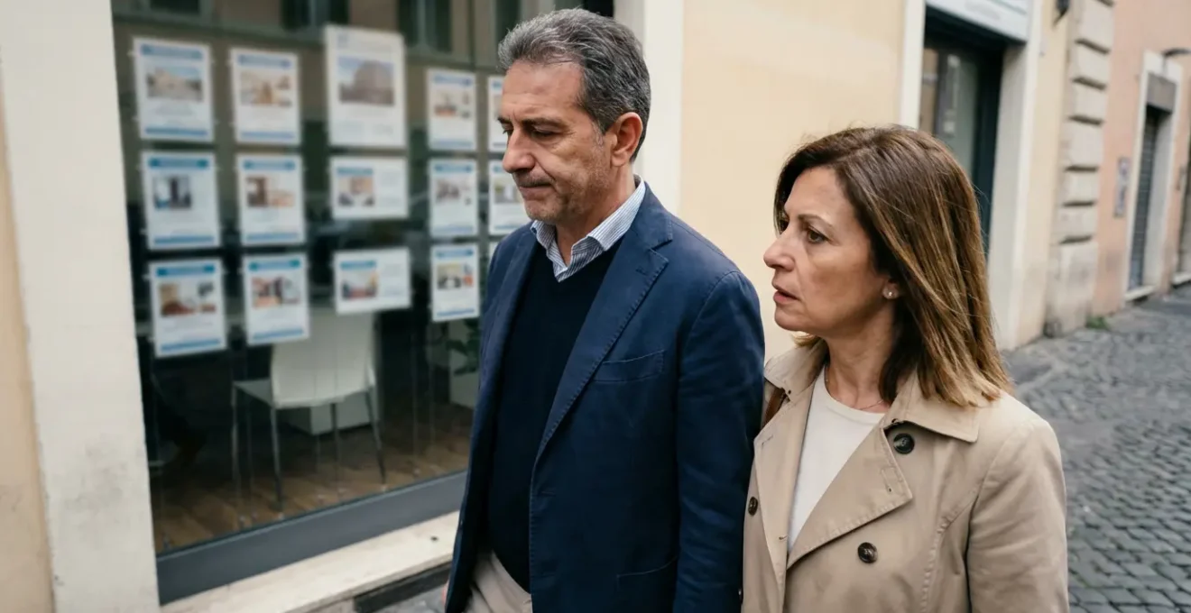 Coppia italiana pensierosa che esce da un'agenzia immobiliare dopo una visita insoddisfacente