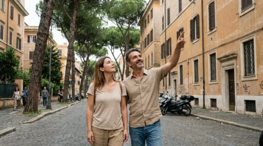 Coppia italiana che osserva una via residenziale romana valutando un acquisto immobiliare