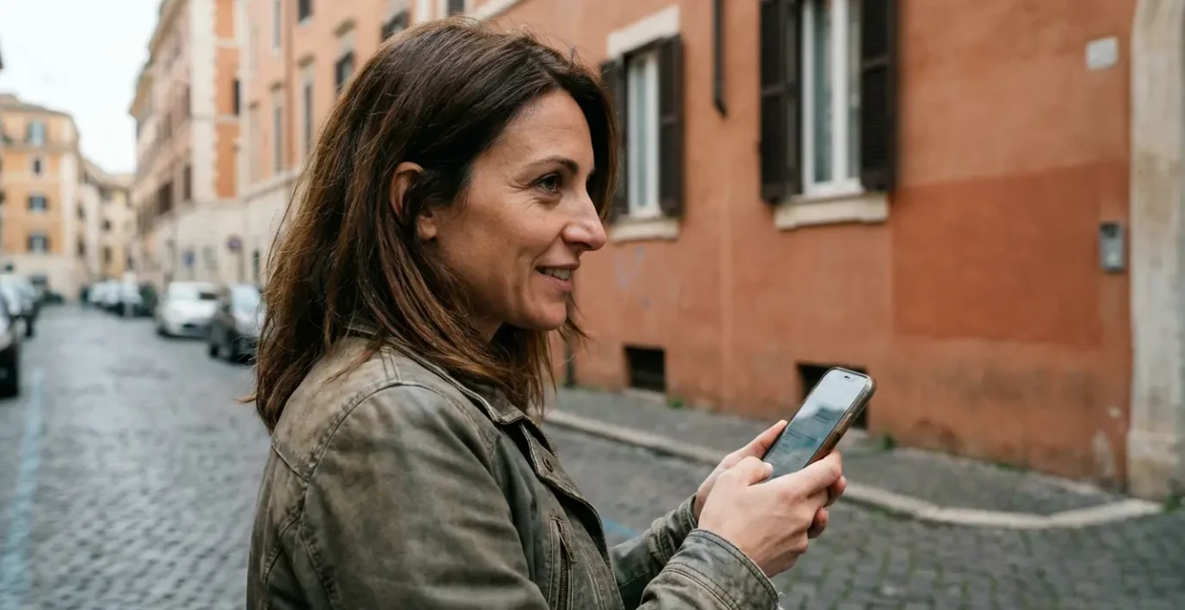 Donna italiana che consulta informazioni sullo smartphone davanti a un palazzo residenziale romano